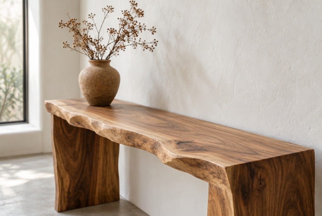 A live-edge solid wood console with a natural bark-free edge against a white adobe wall with a clay vase and dried branches