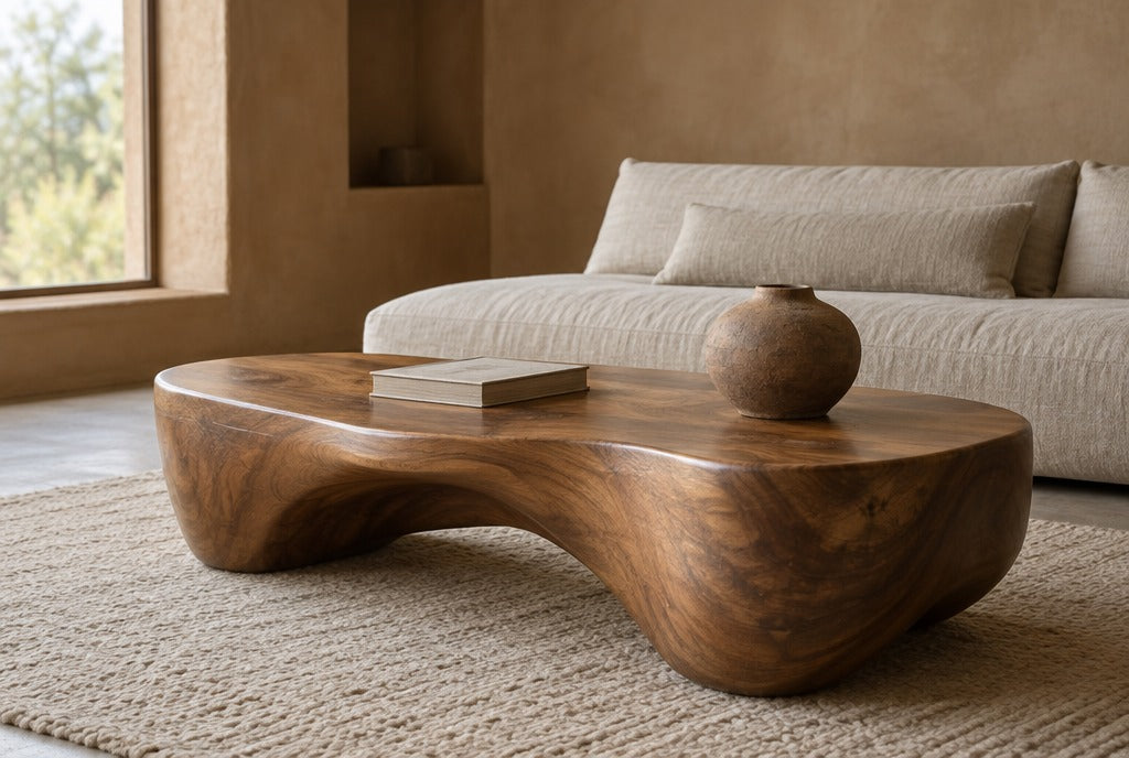 A flowing sculptural solid wood coffee table on a wool rug in a minimalist adobe living room with a low linen sofa and a single clay pot