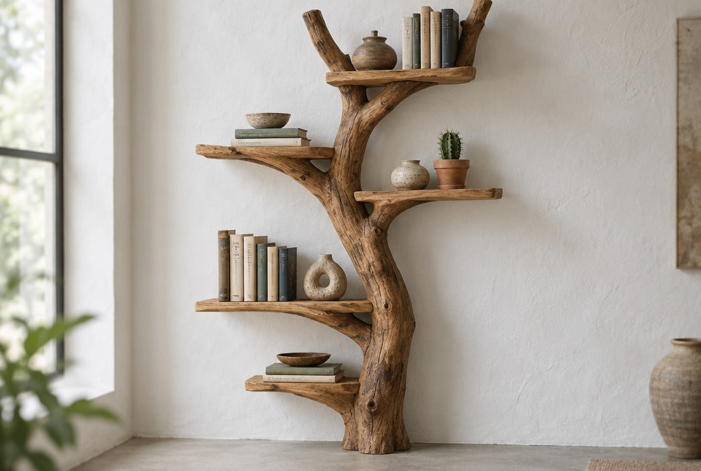 A tall tree branch shaped solid wood bookshelf holding books, pottery and a small cactus against a white plaster wall