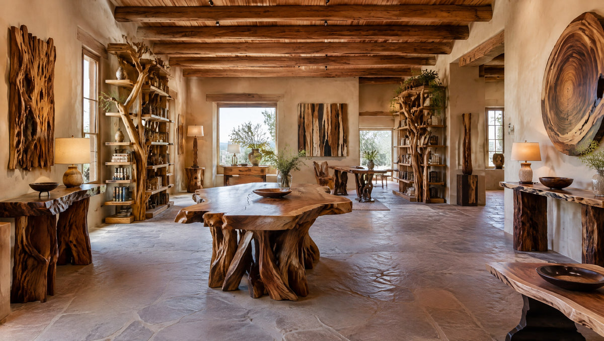 Inside an adobe gallery with newly built sculptural solid wood furniture and wall art
