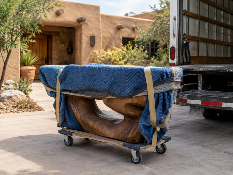 A blanket-wrapped sculptural coffee table on a dolly beside a truck at an adobe building