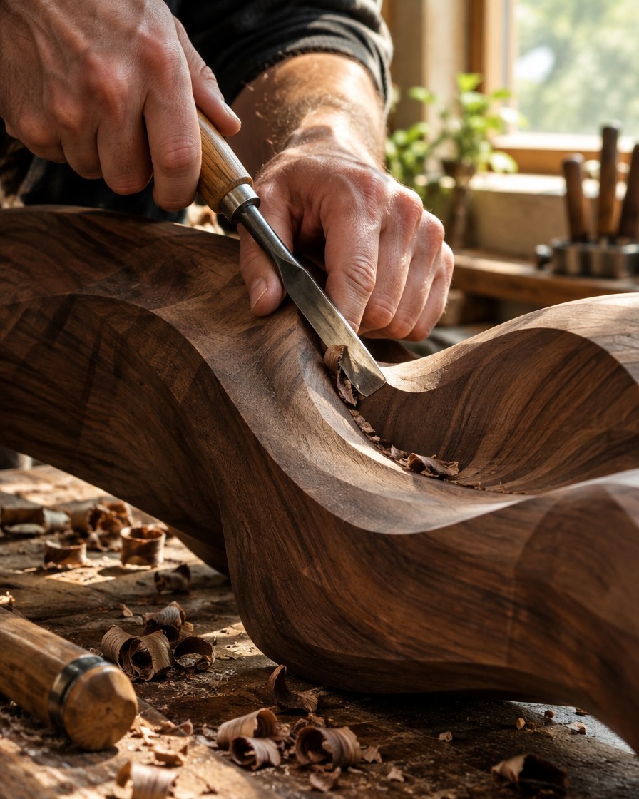 Hands carving a flowing groove into a solid walnut sculpture