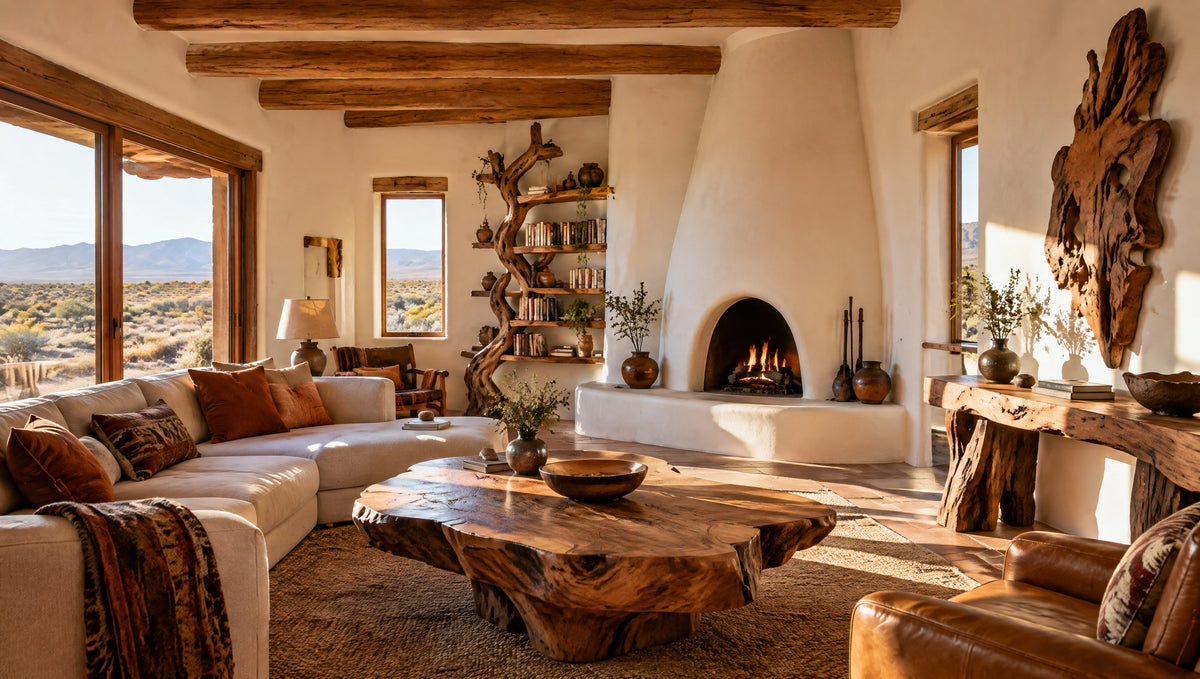 An adobe great room with a sculptural wood coffee table, a tree branch bookshelf and a carved wall sculpture